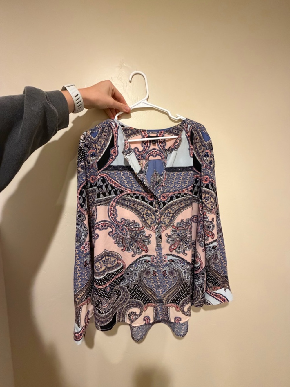Paisley Print Long-Sleeve Women's Blouse - Pink & Navy